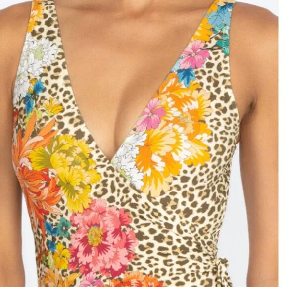 Johnny Was Leopard Wrap One Piece Animal  and Floral Print Swimsuit Size XL $198 - Picture 3 of 7